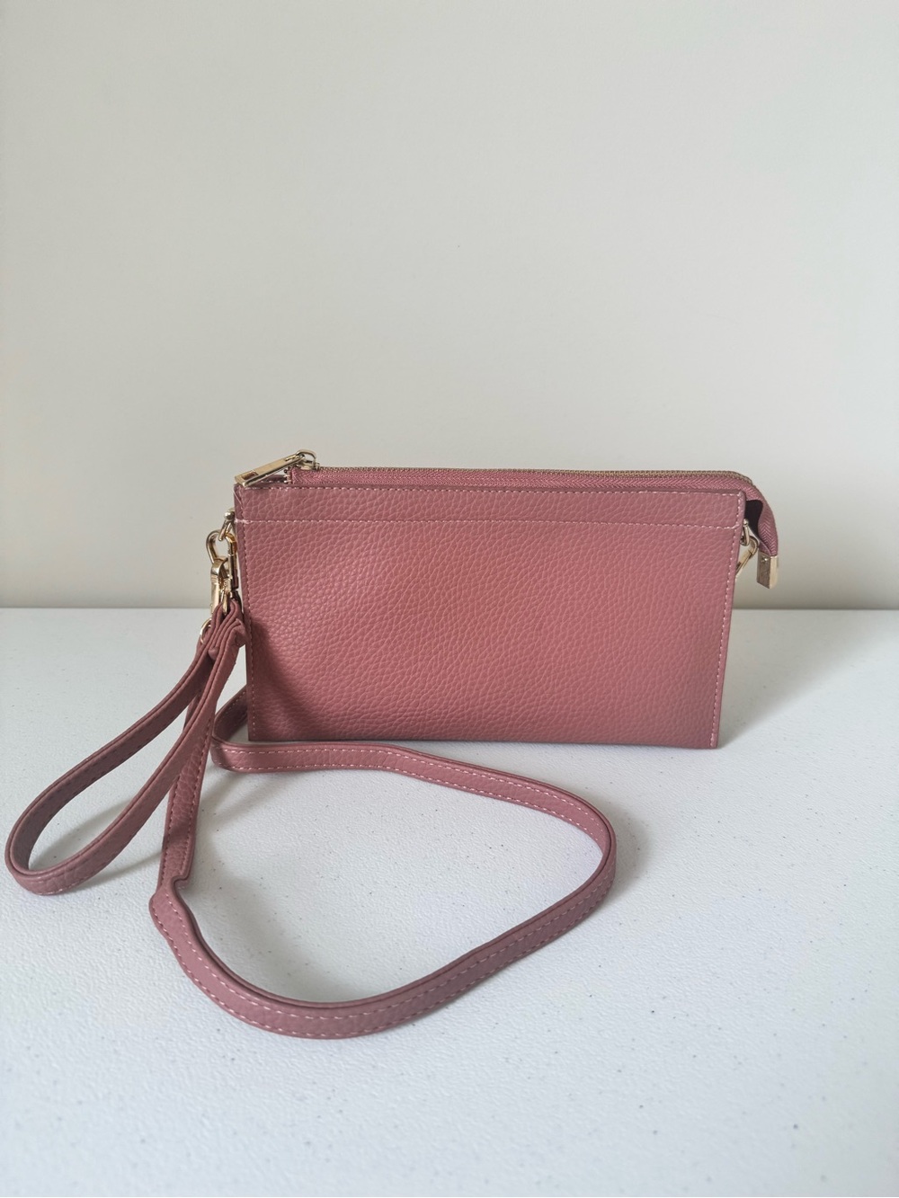 Versatile Dusty Rose Crossbody Wristlet Bag with Removable Straps